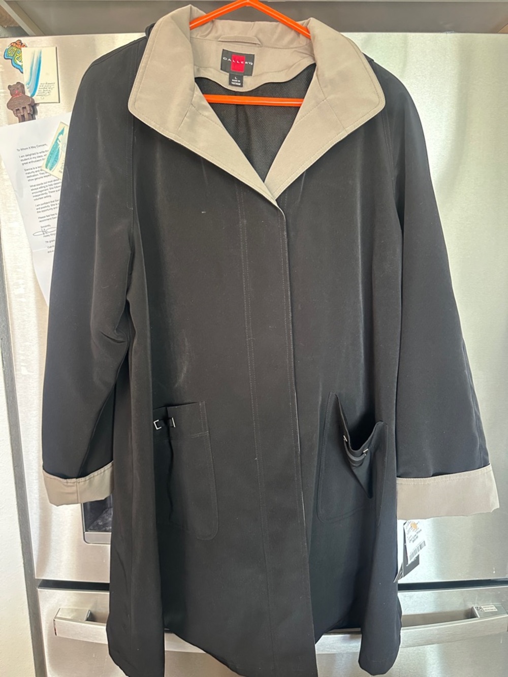 Gallery Black Trench Coat with Cream Collar & Cuff Trim